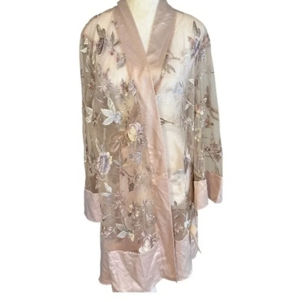 Rya Collection Sepia Rose Embroidered Mesh Kimono Robe Cover Up‎ M L